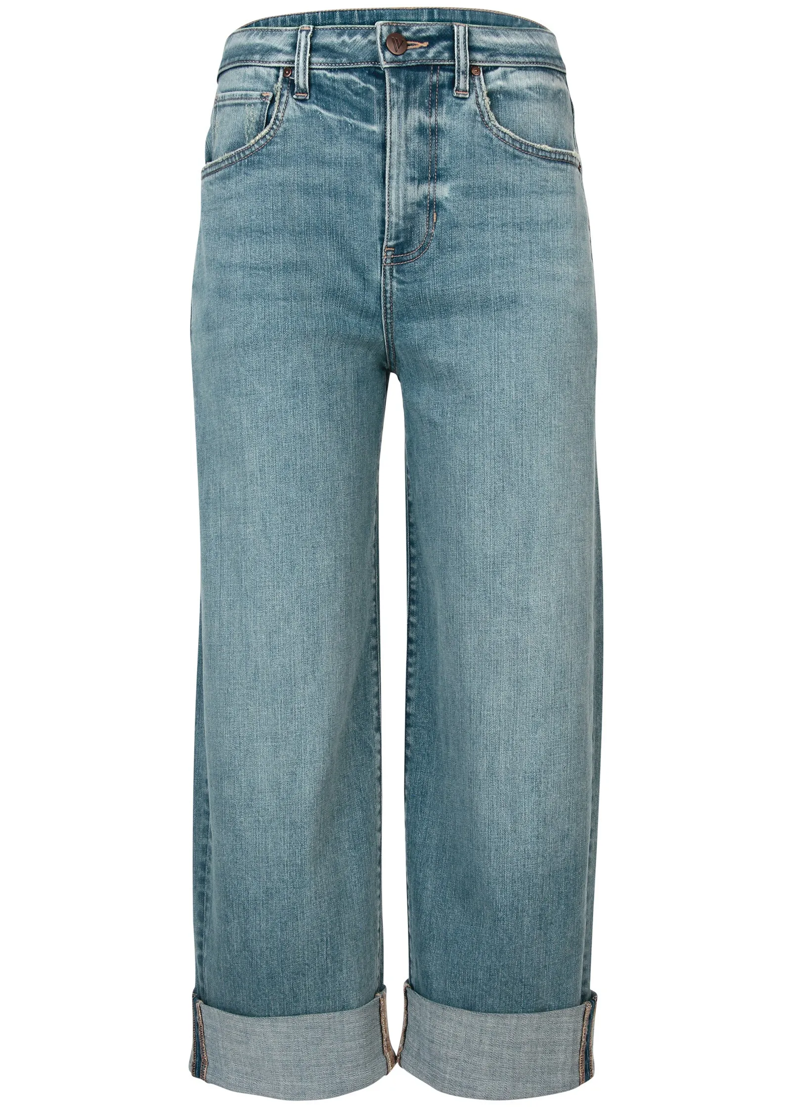 Rolled Hem Wide Leg Jeans - Light Wash