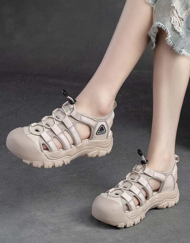 Round Toe Cut Out Leather Sneakers Sandals