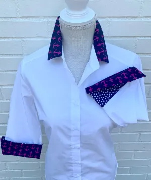 SALE - S ONLY - Elizabeth 3/4 Sleeve White w Pink Anchors & Dots (3424) *FINAL SALE*