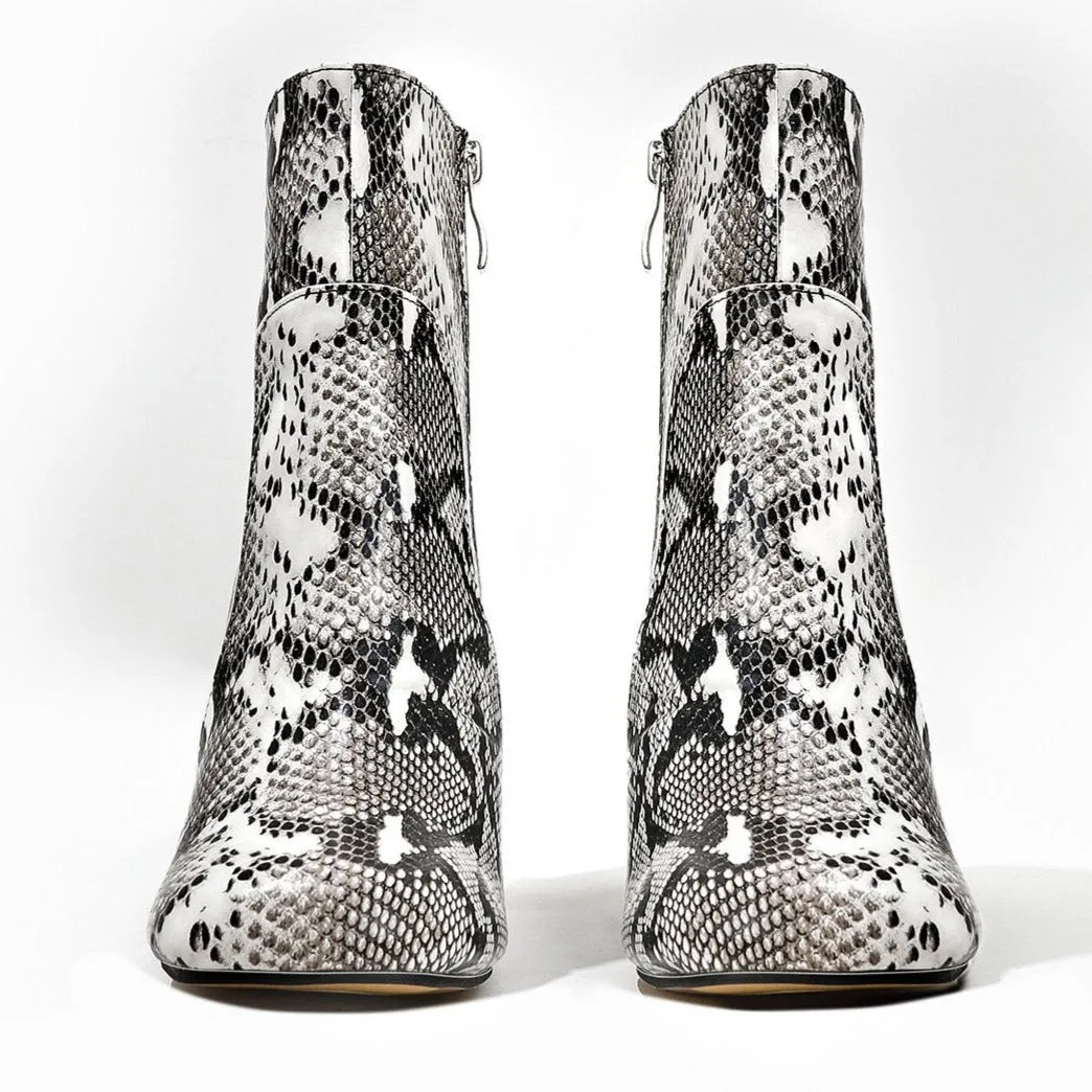 Square Toe Thick Heeled Crocodile Print Mid-calf Boots