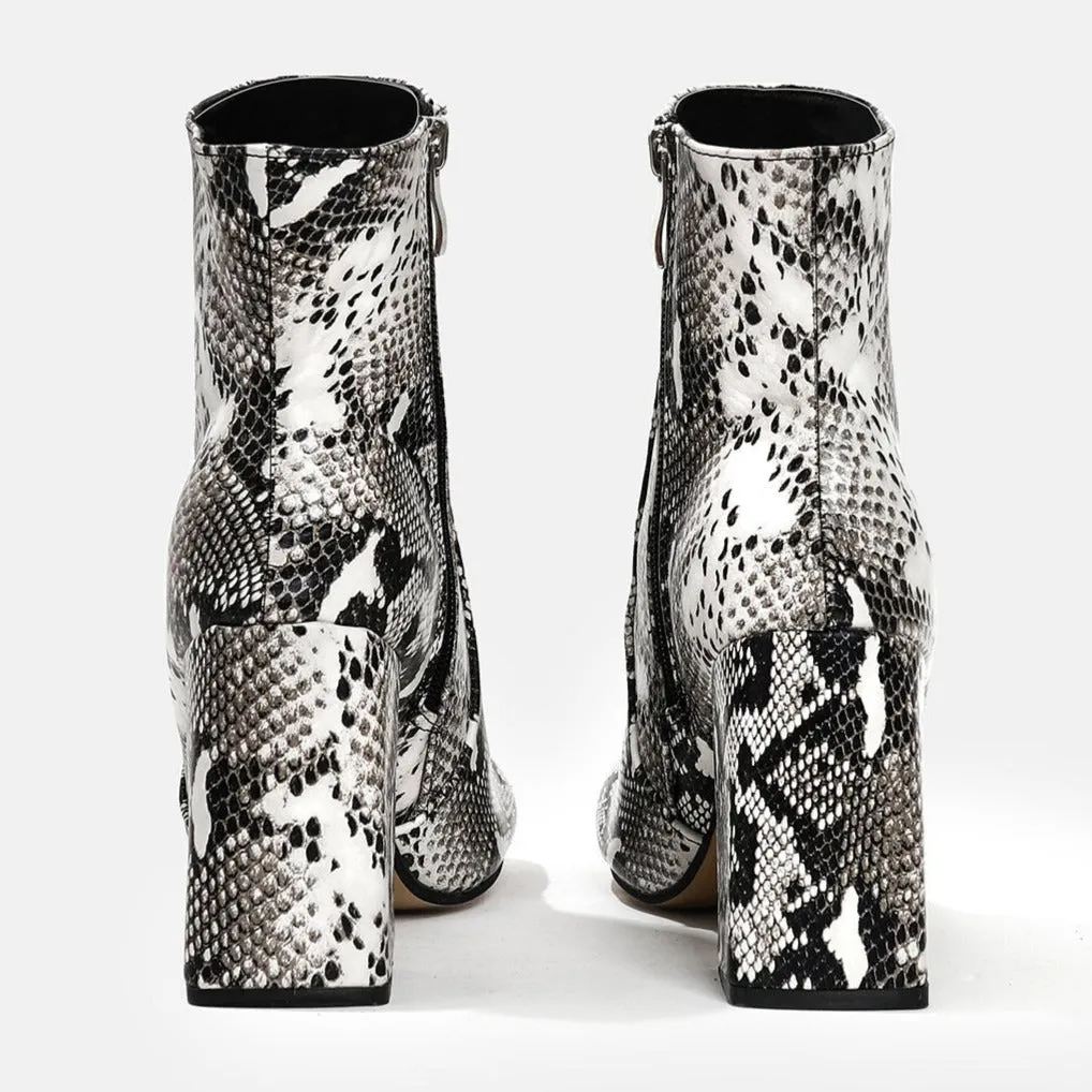 Square Toe Thick Heeled Crocodile Print Mid-calf Boots