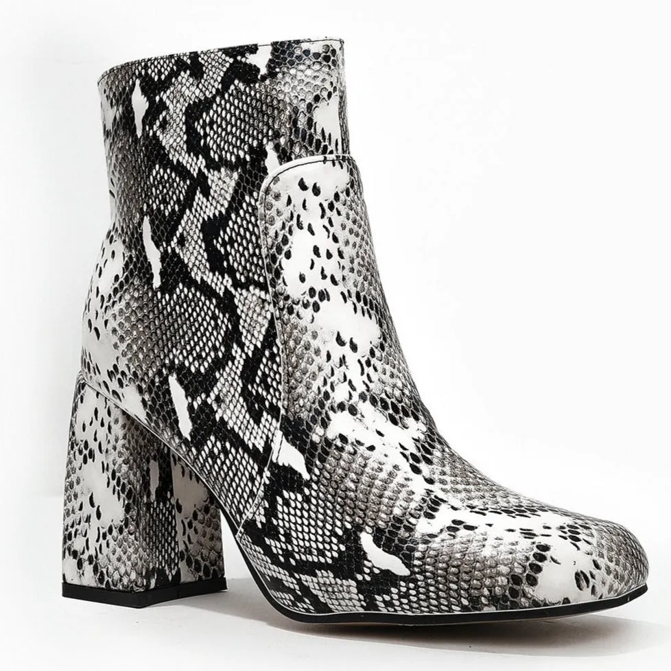 Square Toe Thick Heeled Crocodile Print Mid-calf Boots