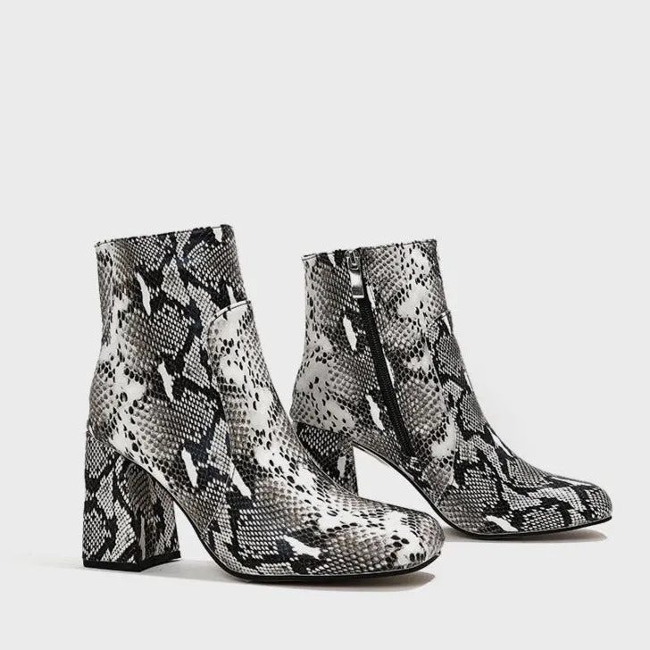 Square Toe Thick Heeled Crocodile Print Mid-calf Boots