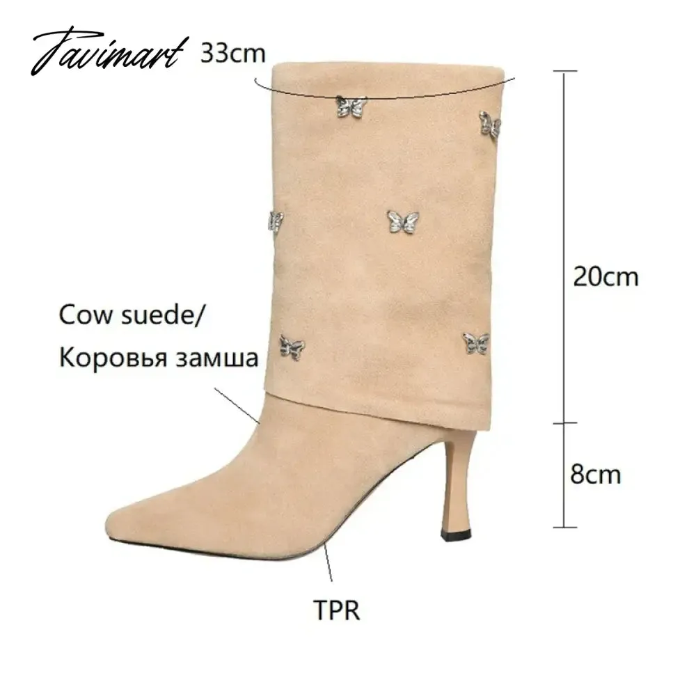 Tavimart Autumn Boots Women Cow Suede Leather Shoes for Women Square Toe Trouser Boots Bow-knot Thin Heel Shoes Black Western Boots