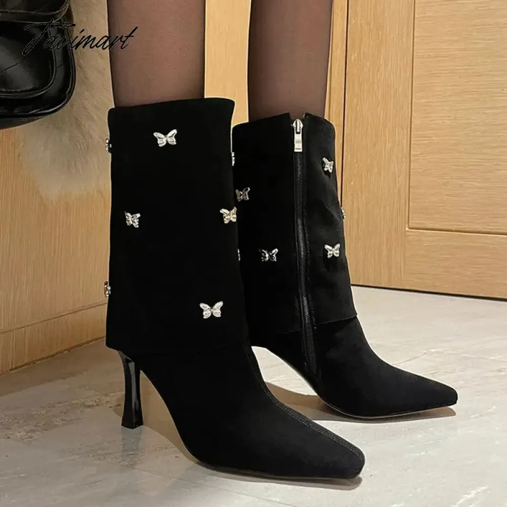 Tavimart Autumn Boots Women Cow Suede Leather Shoes for Women Square Toe Trouser Boots Bow-knot Thin Heel Shoes Black Western Boots