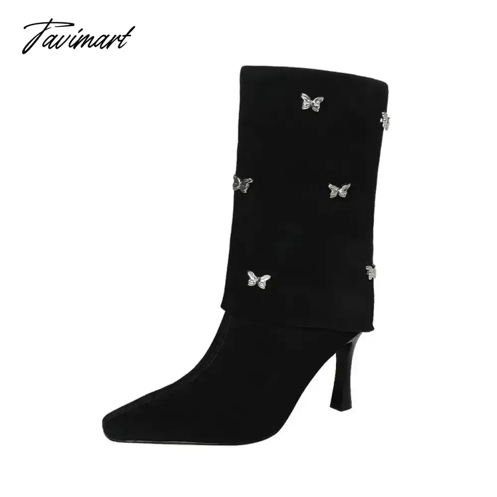 Tavimart Autumn Boots Women Cow Suede Leather Shoes for Women Square Toe Trouser Boots Bow-knot Thin Heel Shoes Black Western Boots