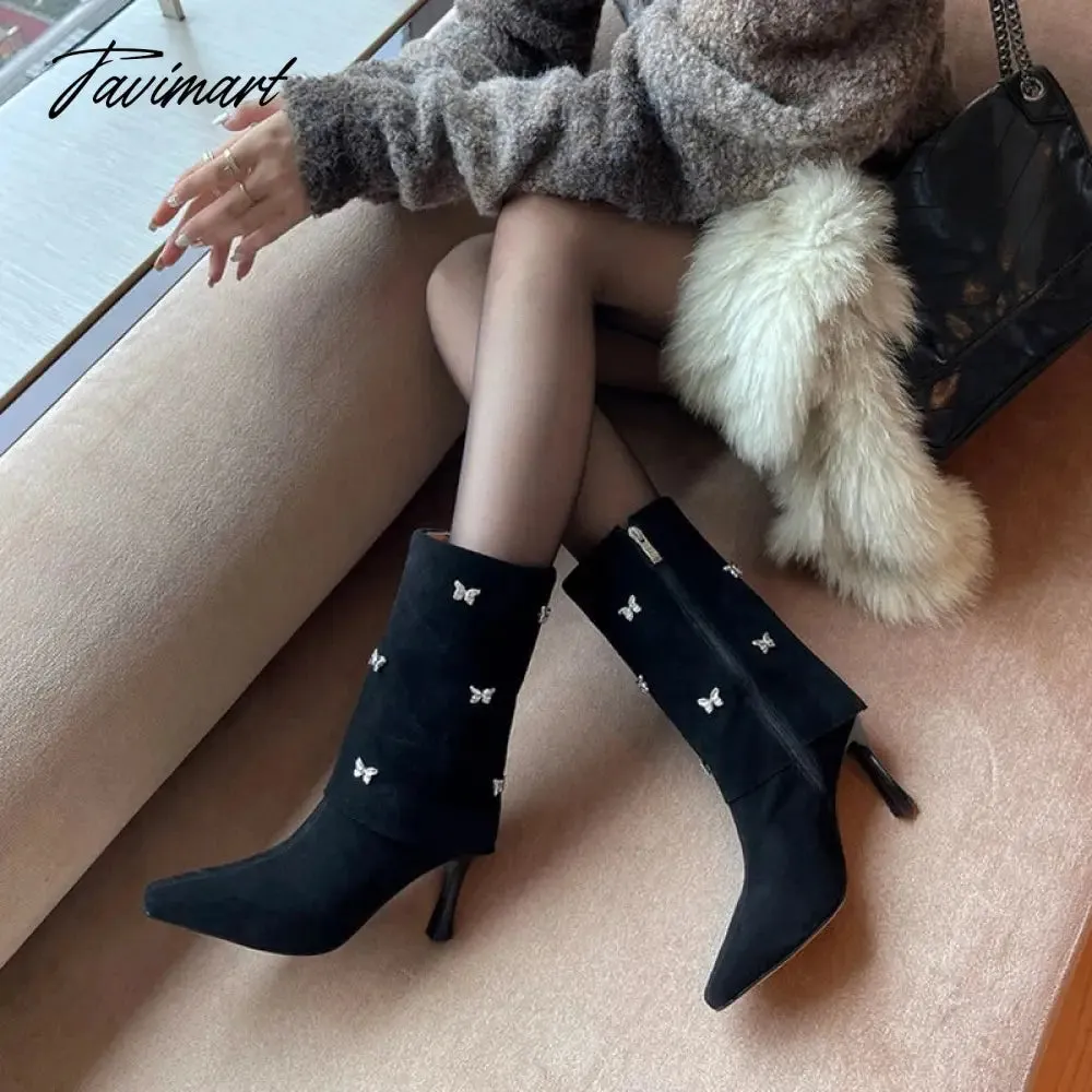 Tavimart Autumn Boots Women Cow Suede Leather Shoes for Women Square Toe Trouser Boots Bow-knot Thin Heel Shoes Black Western Boots