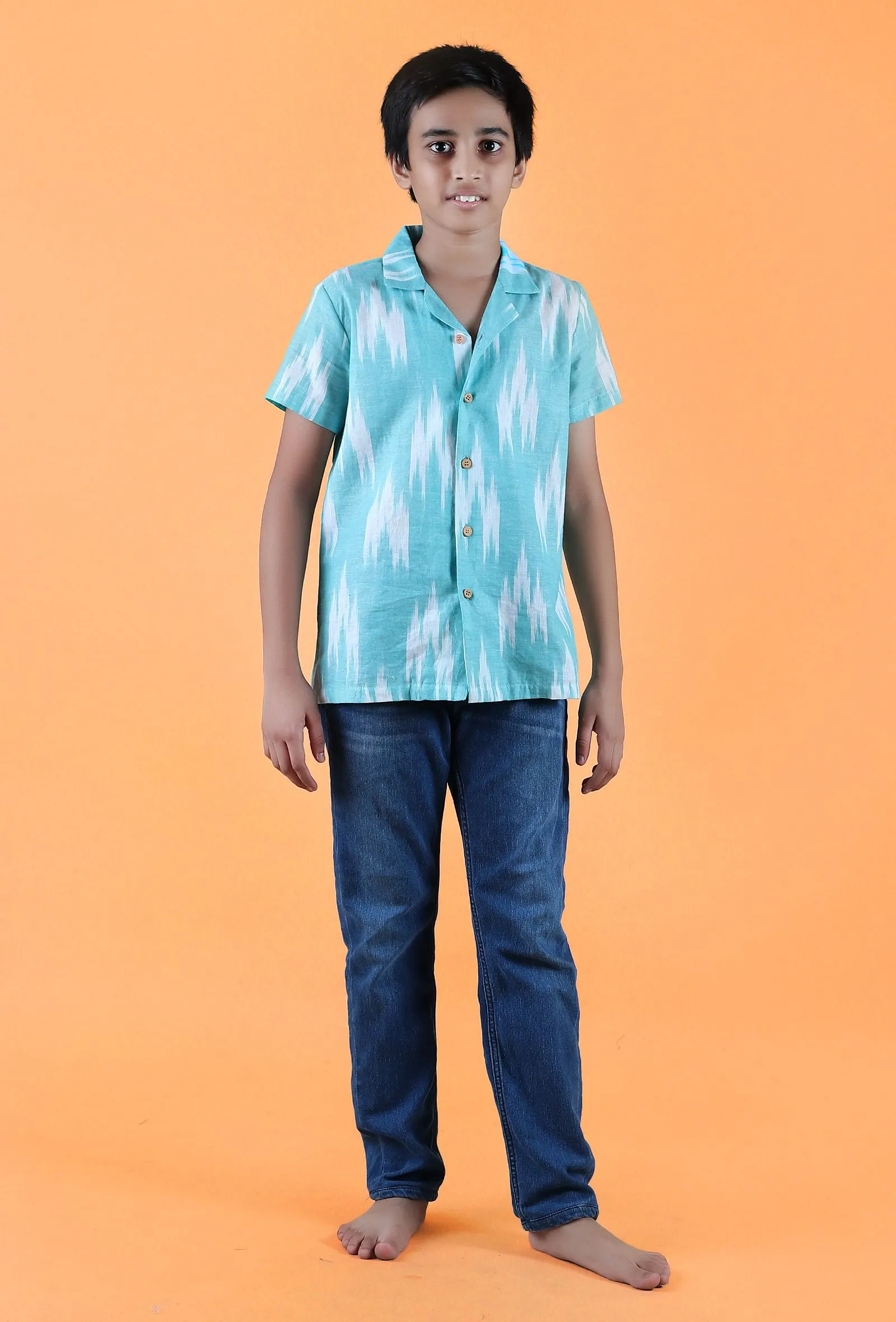 Teal Blue Ikat Cotton Shirt