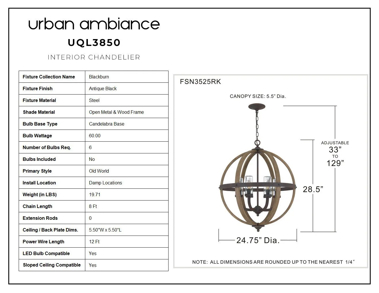 UQL3850 Old World Chandelier 28.5''H x 24.75''W, Antique Black Finish, Blackburn Collection