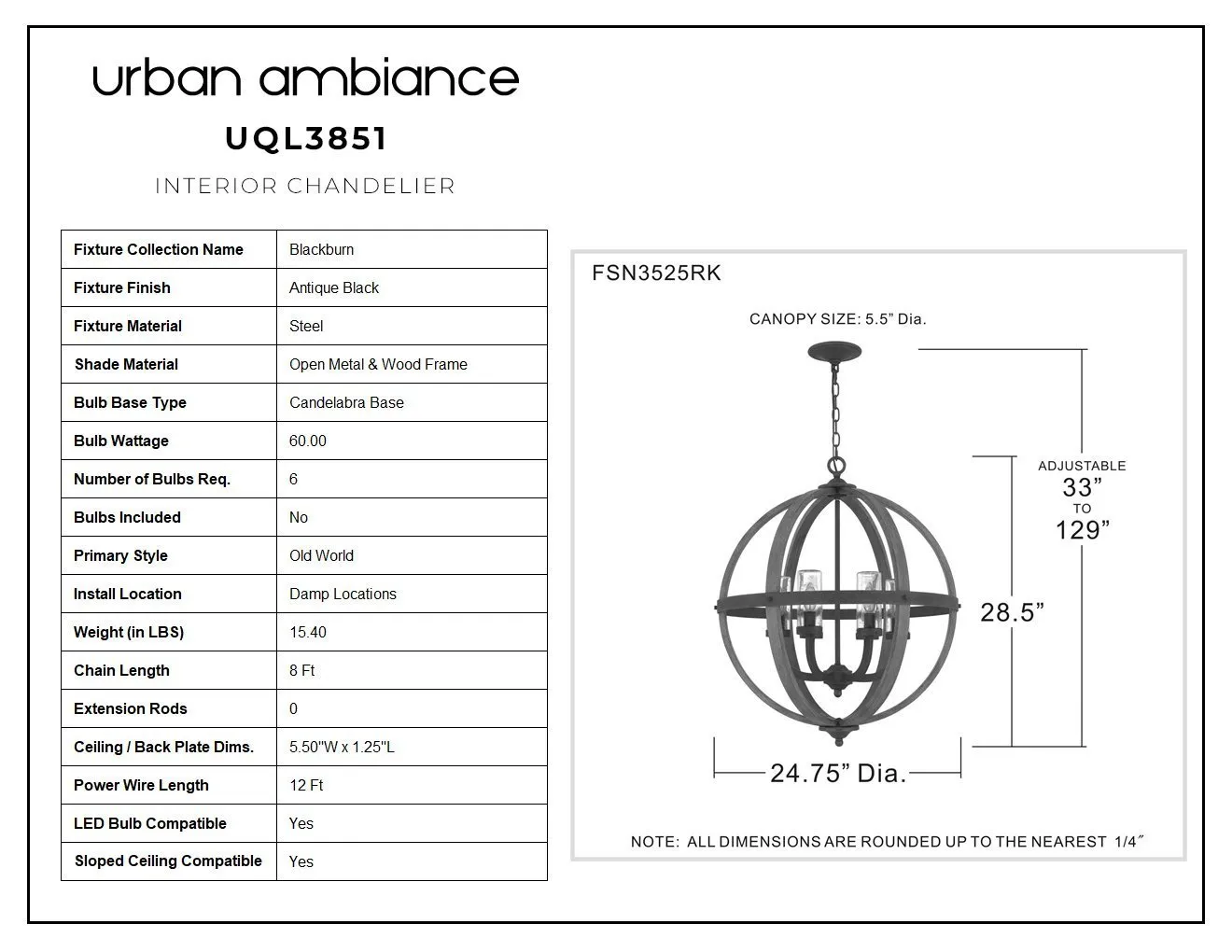 UQL3851 Old World Chandelier 28.5''H x 24.75''W, Antique Black Finish, Blackburn Collection