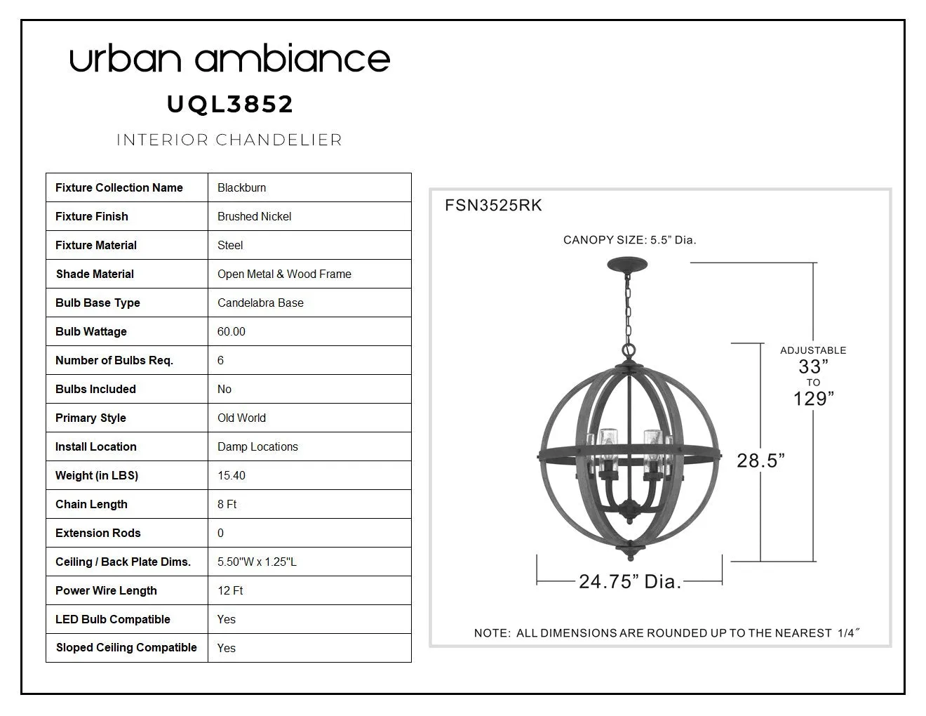 UQL3852 Old World Chandelier 28.5''H x 24.75''W, Brushed Nickel Finish, Blackburn Collection