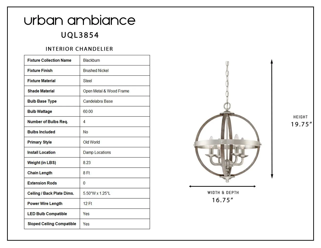 UQL3854 Old World Chandelier 19.75''H x 16.75''W, Brushed Nickel Finish, Blackburn Collection