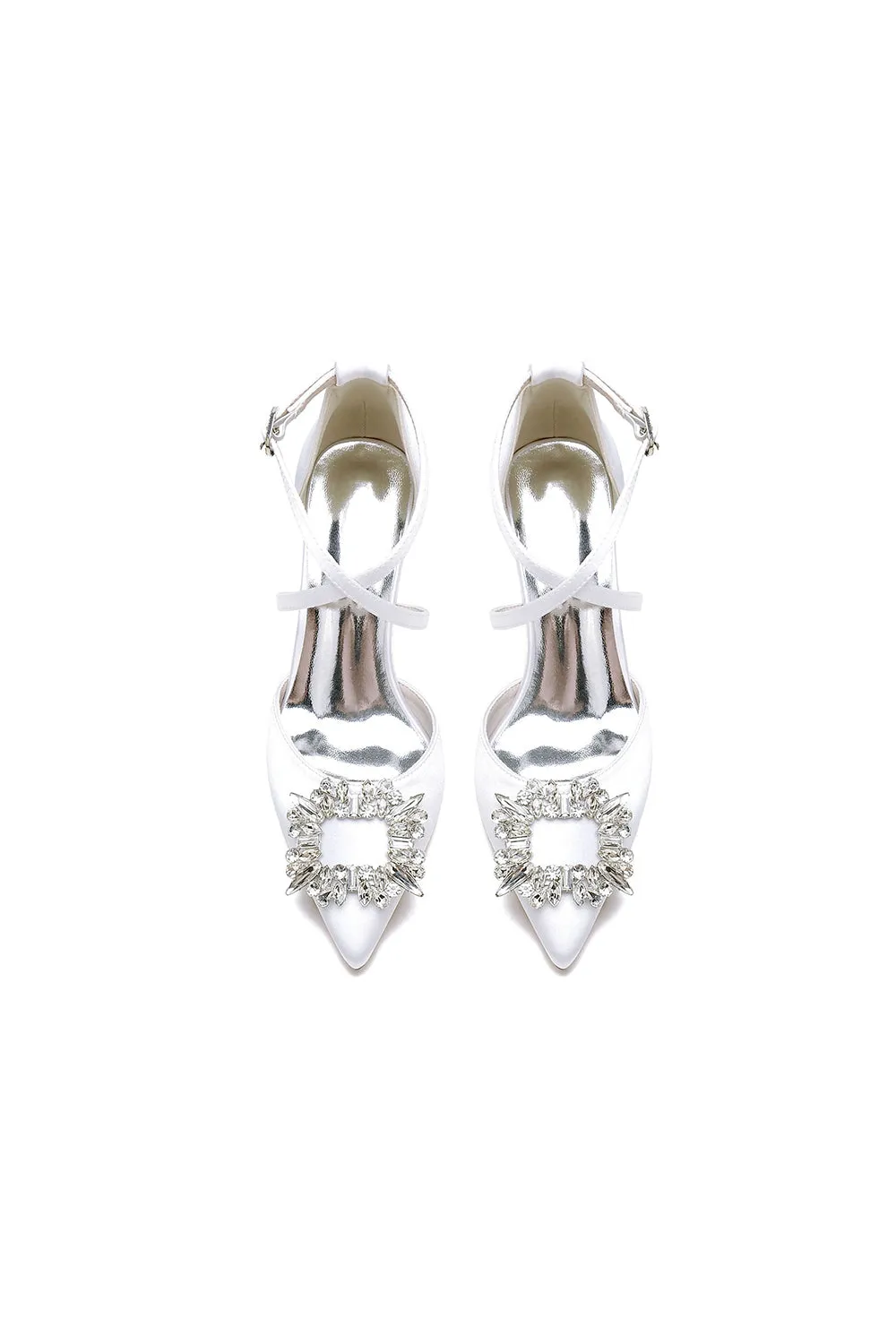 White Satin Pump with Crystal-Embellished Cross-Strap