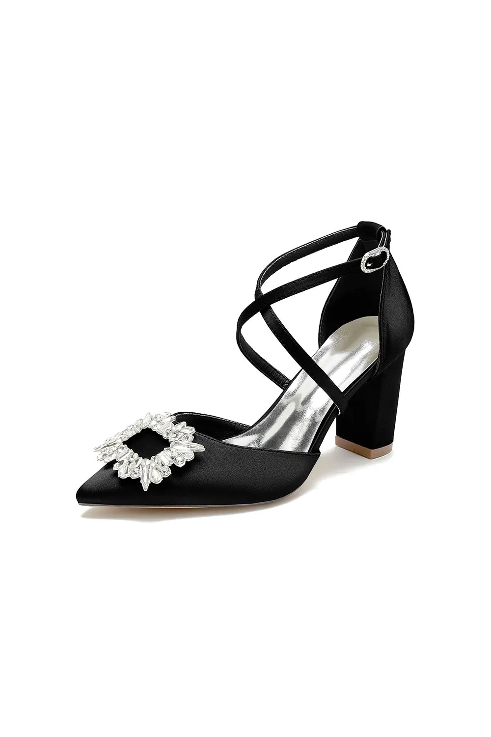 White Satin Pump with Crystal-Embellished Cross-Strap