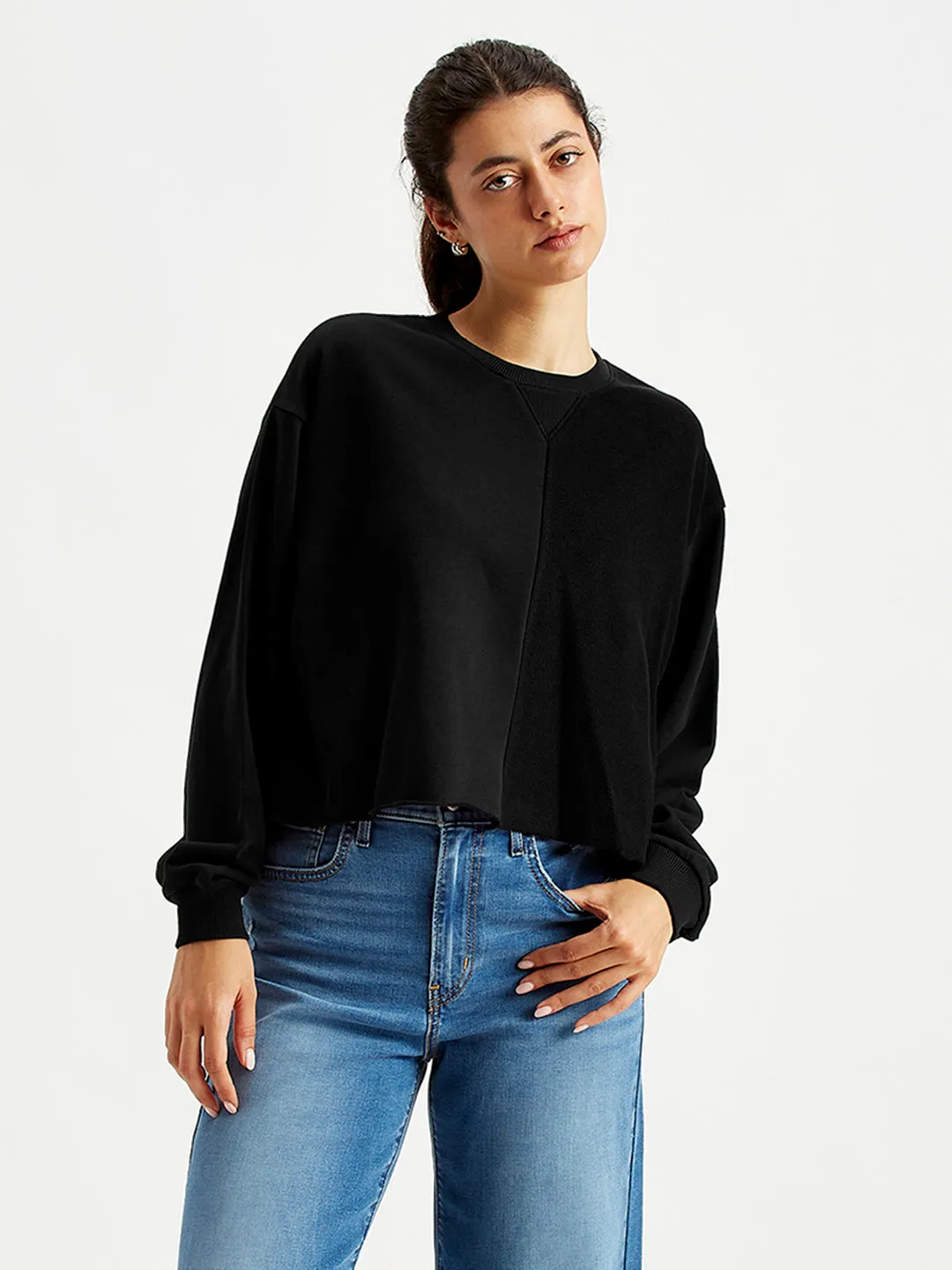 Women's Solid Black Crew Neck Sweatshirt